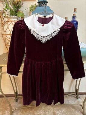 Girls Velvet Lace-Collar Dress Deep Burgundy Vintage Holiday Formal Wedding Sz 8